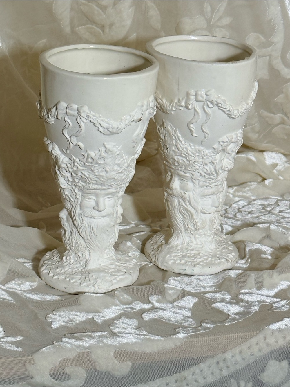 Vintage Signed JF Ceramic Goblets Pair 8” Mythological Green Man Sculptural